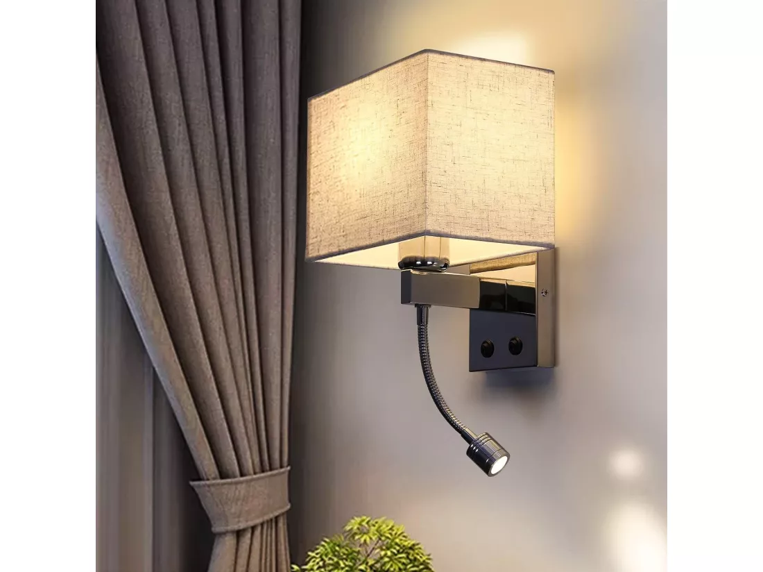 NETTLIFE lot de 2 lampes murales LED intérieur chambre applique salon lampe de lit lit tissu avec bras de lecture flexible E27