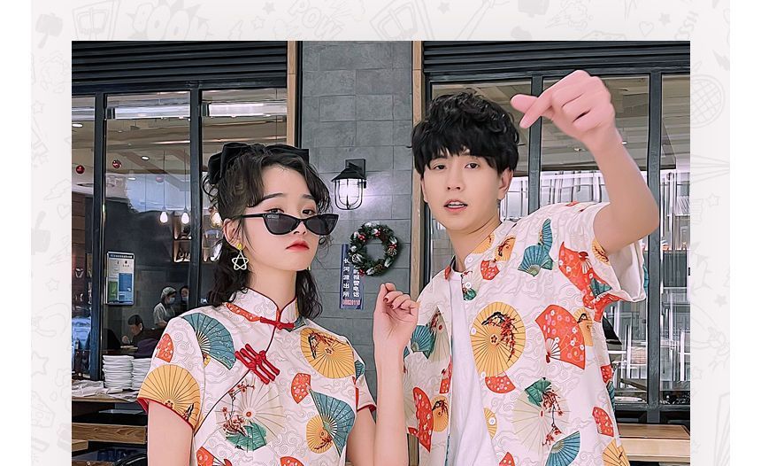 NoonSun - Koppel bijpassende korte mouwen waaier print mini qipao / shirt / effen rechte broek / set