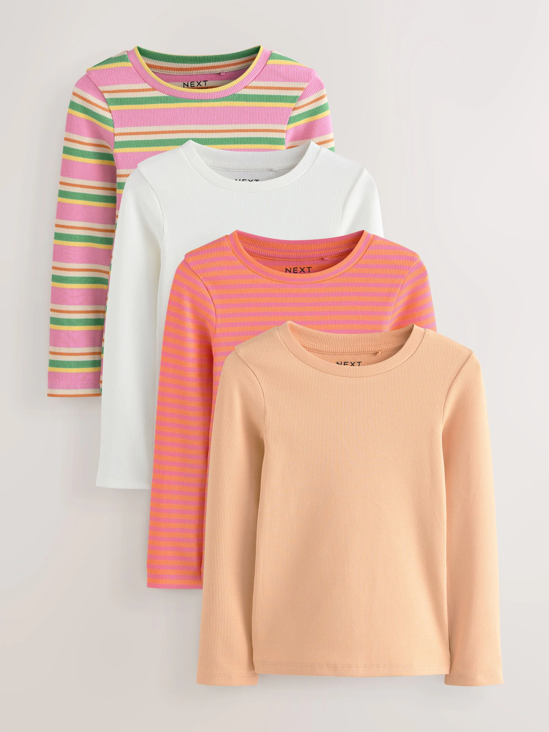 Roze/oranje - Set van 4 geribbelde T-shirts met lange mouwen (3-16jr)