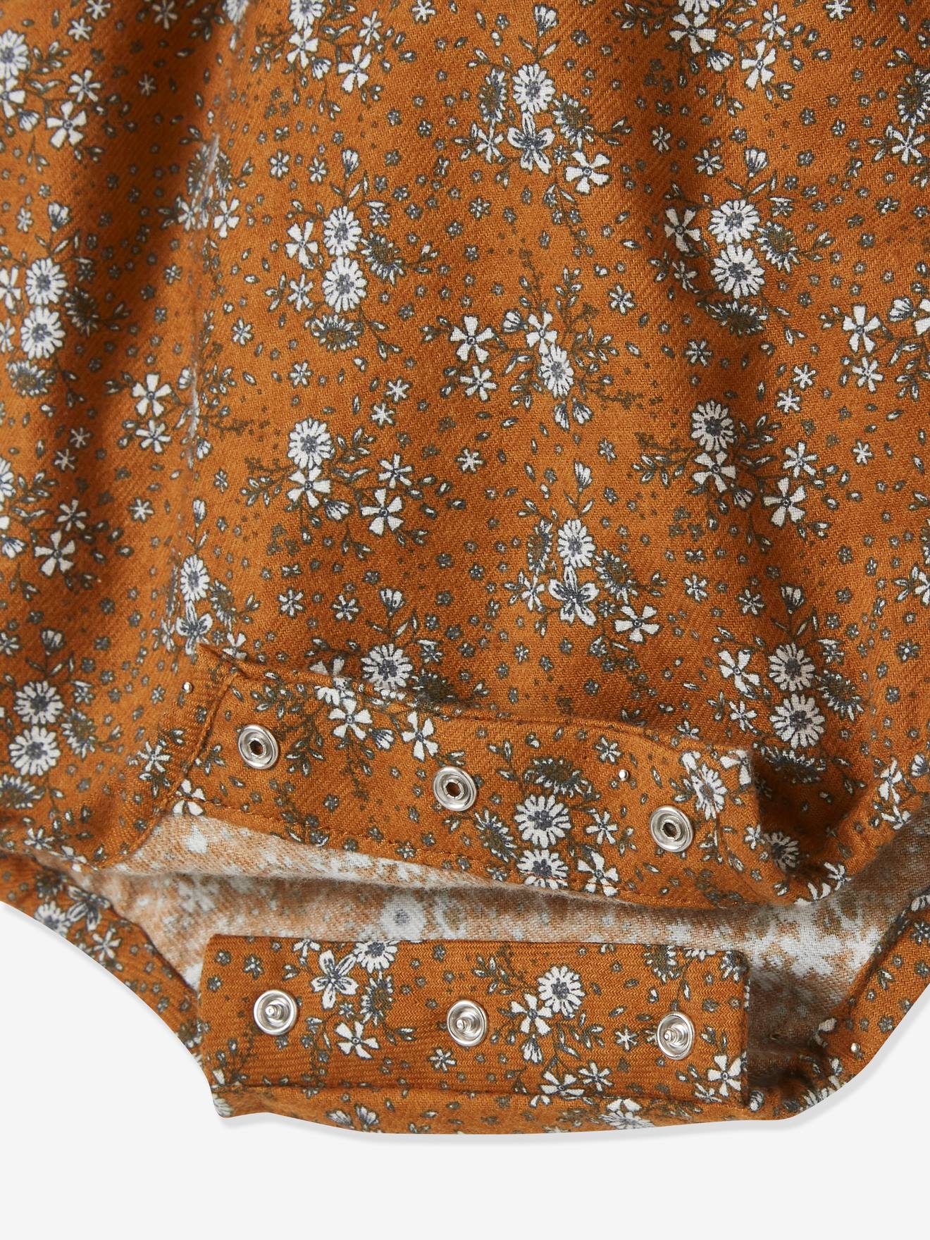Macacão de manga comprida com estampa floral para bebê, marrom médio.
