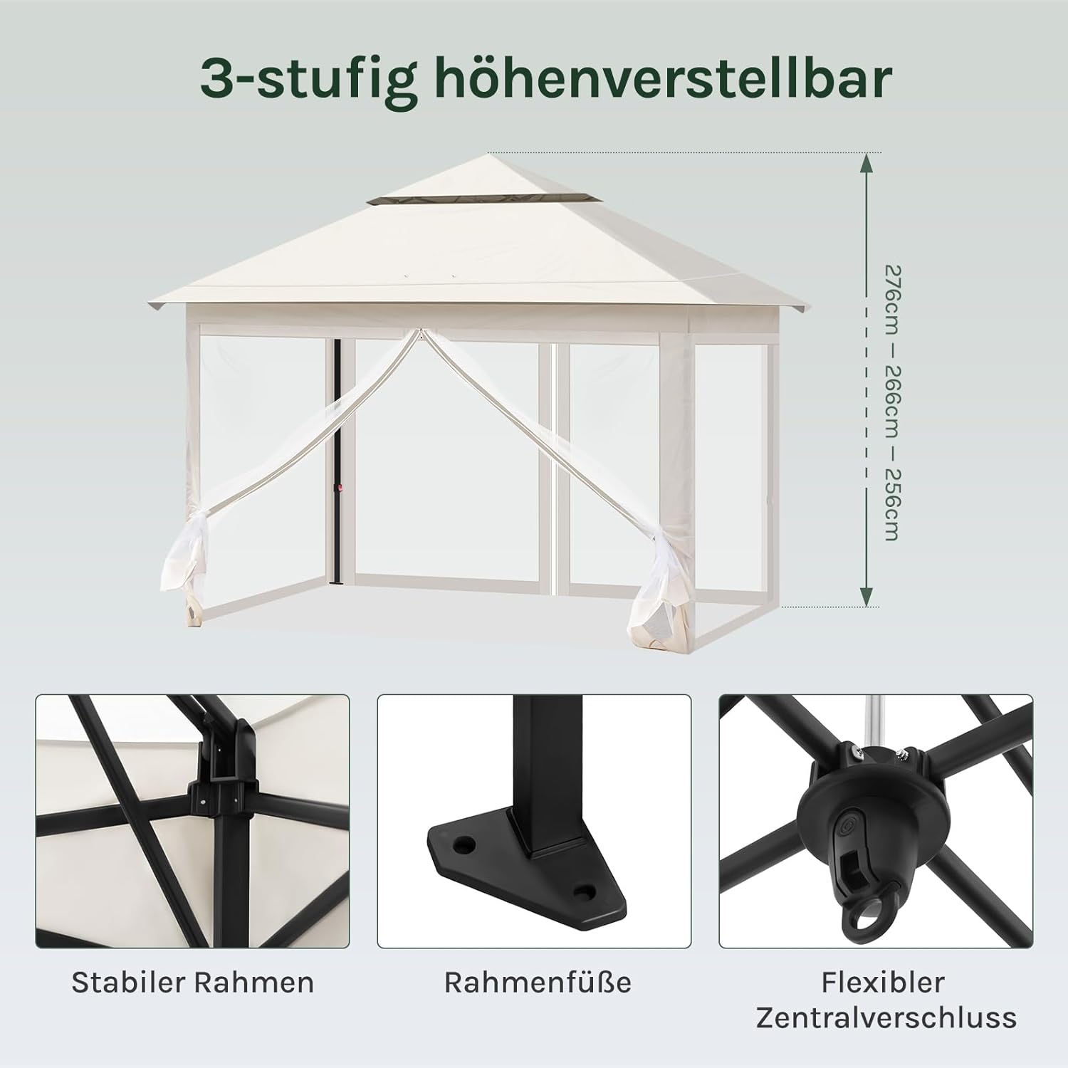 WOLTU Pavillon 3x3 m, Faltpavillon mit Moskitonetz, Partyzelt wasserdicht stabil, höhenverstellbares Partyzelt UV-Schutz, Gartenpavillon mit 4 Seitenteilen, Festzelt mit Tragtasche, Beige