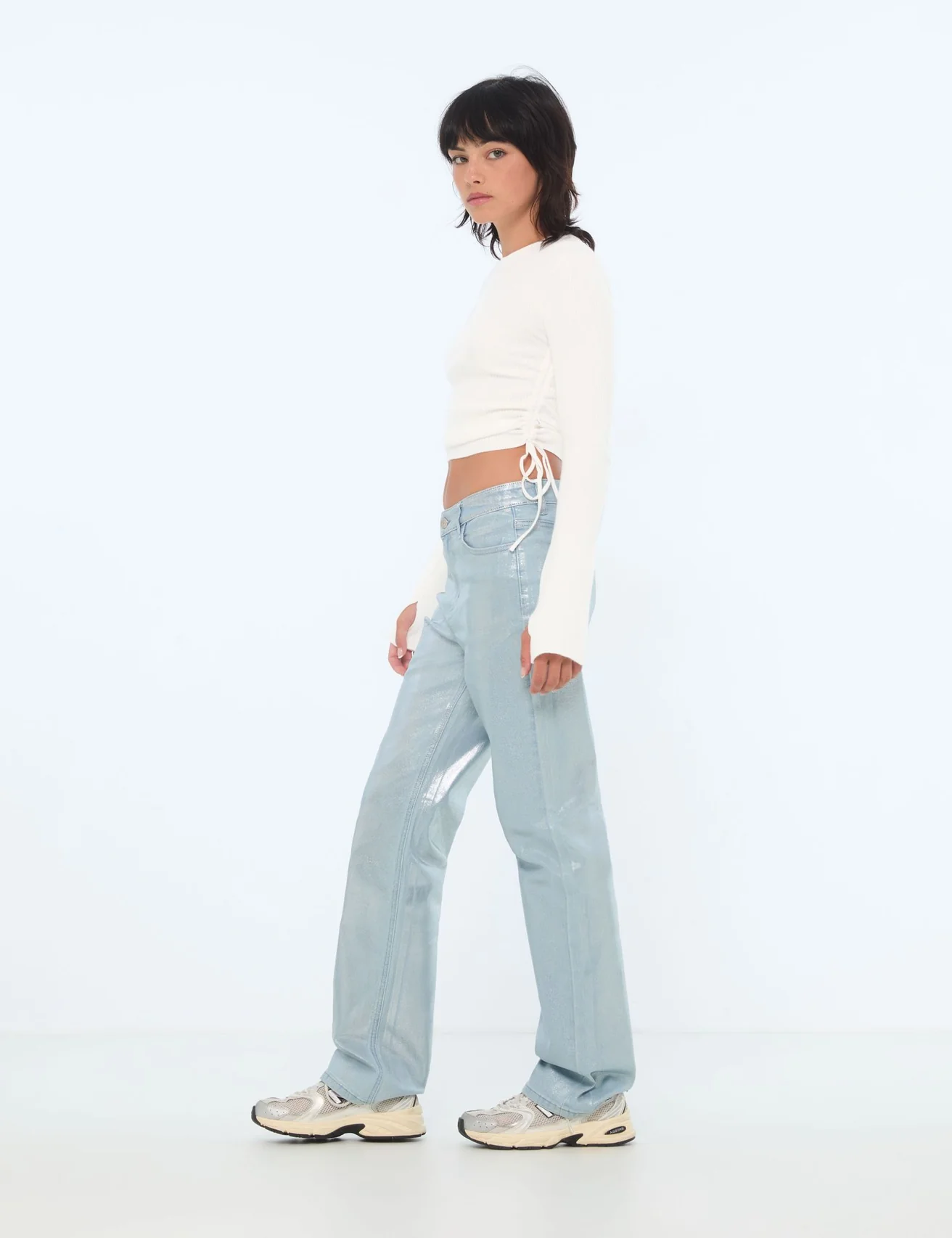 Pantalon straight taille medium bleu scintillant