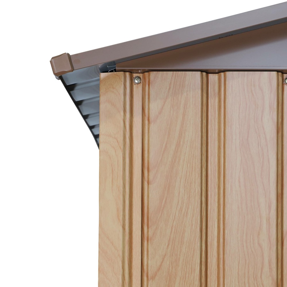 Abri de jardin en métal - ferrain 5.29m² couleur chêne - cabane à outils avec deux grandes portes coulissantes. Kit de fixation sol