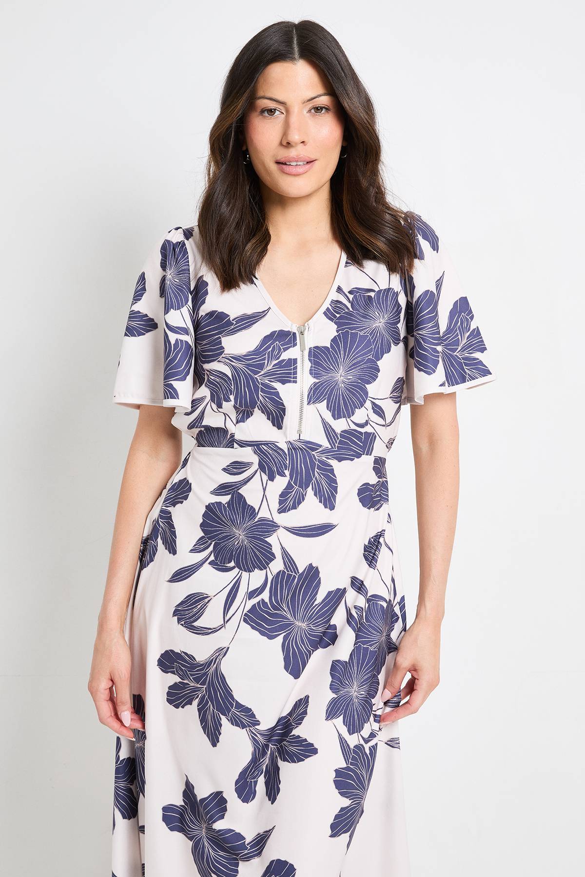 Wallis Robe Midi Florale À Manches Évasées Avec Fermeture Éclair