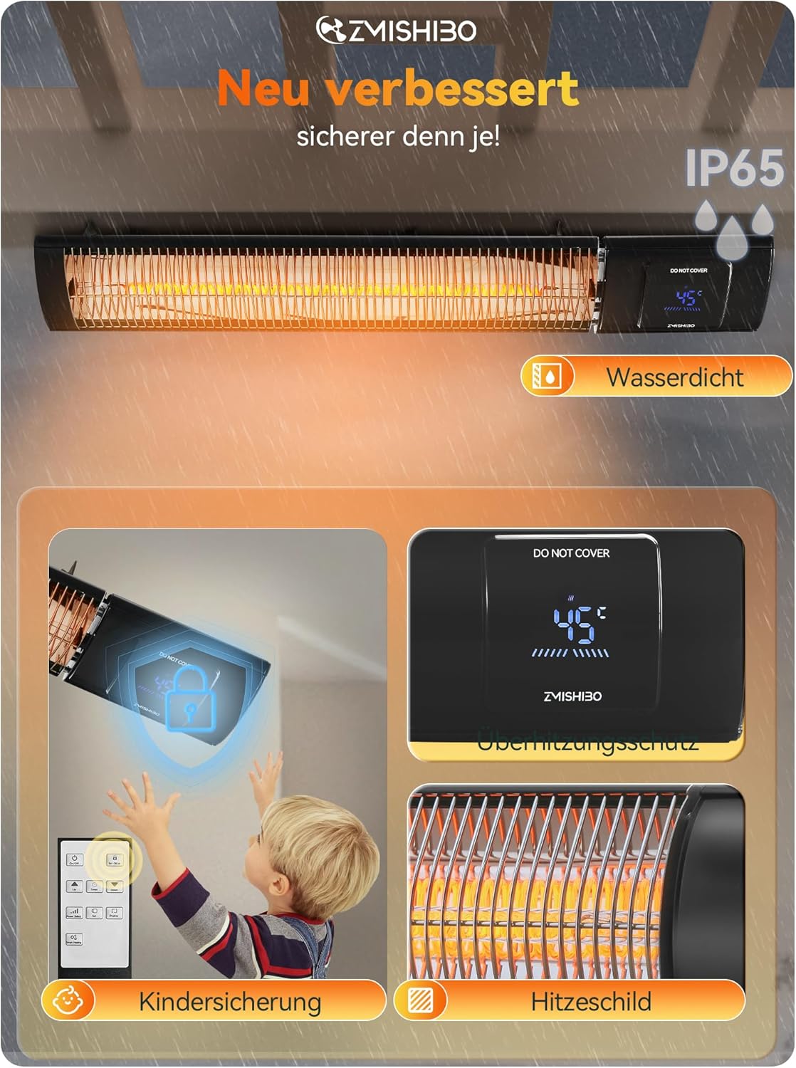 ZMISHIBO Infrarot Heizstrahler 2000W, 4 Heizstufen, IP65 für innen & außen, Wand- & Deckenmontage, mit APP, LED-Display, Fenster-Offen-Erkennung & Kindersicherung