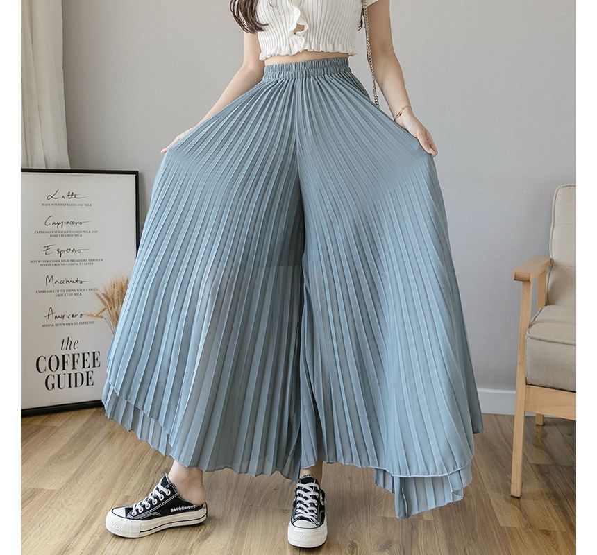 Dragan Pulse - Elastische taille, effen geplooide chiffon cropped broek met wijde pijpen