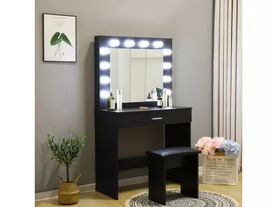 Coiffeuse table de maquillage noire tabouret miroir LED TIGER LILY
