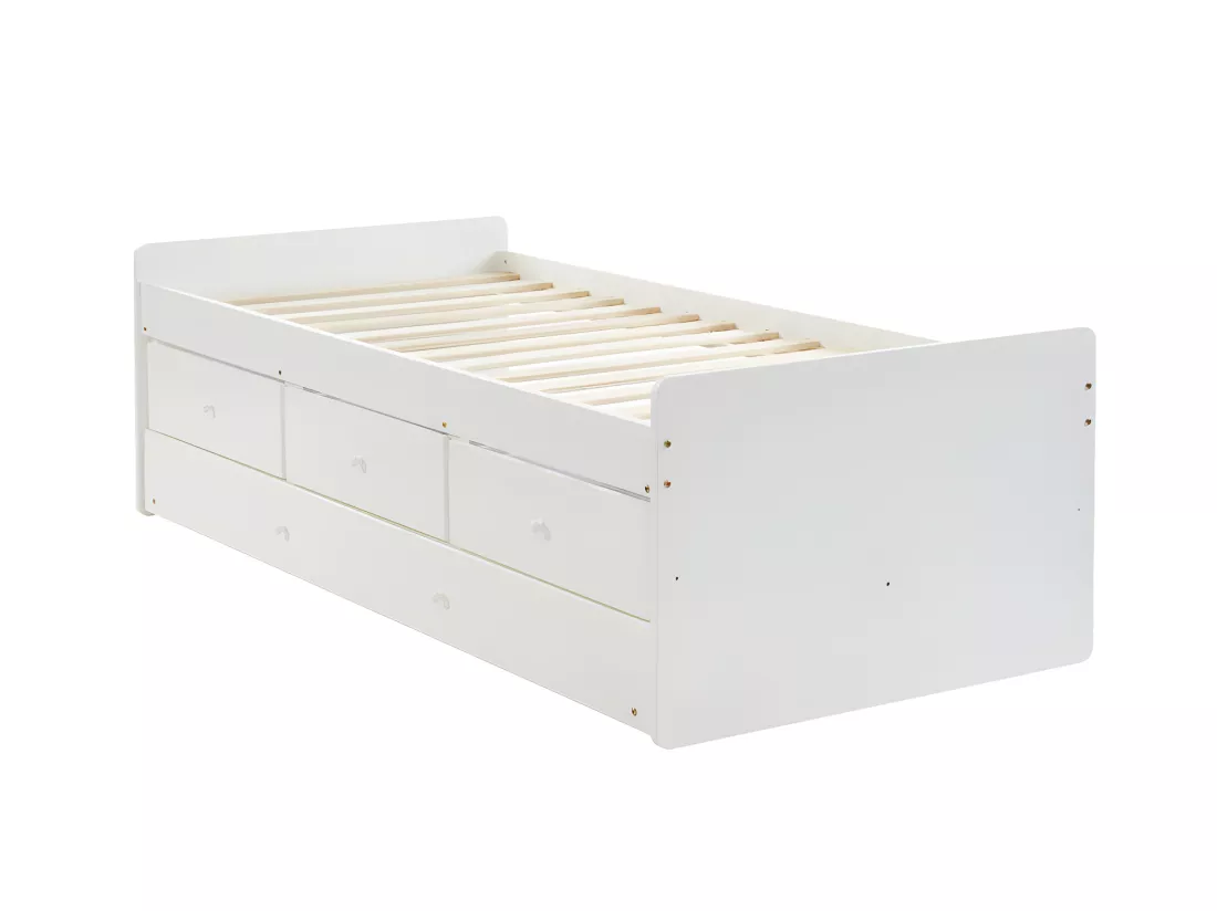 Lit gigogne TITOUAN avec 3 tiroirs - 90 x 190 cm - MDF et Pin - Blanc + Matelas
