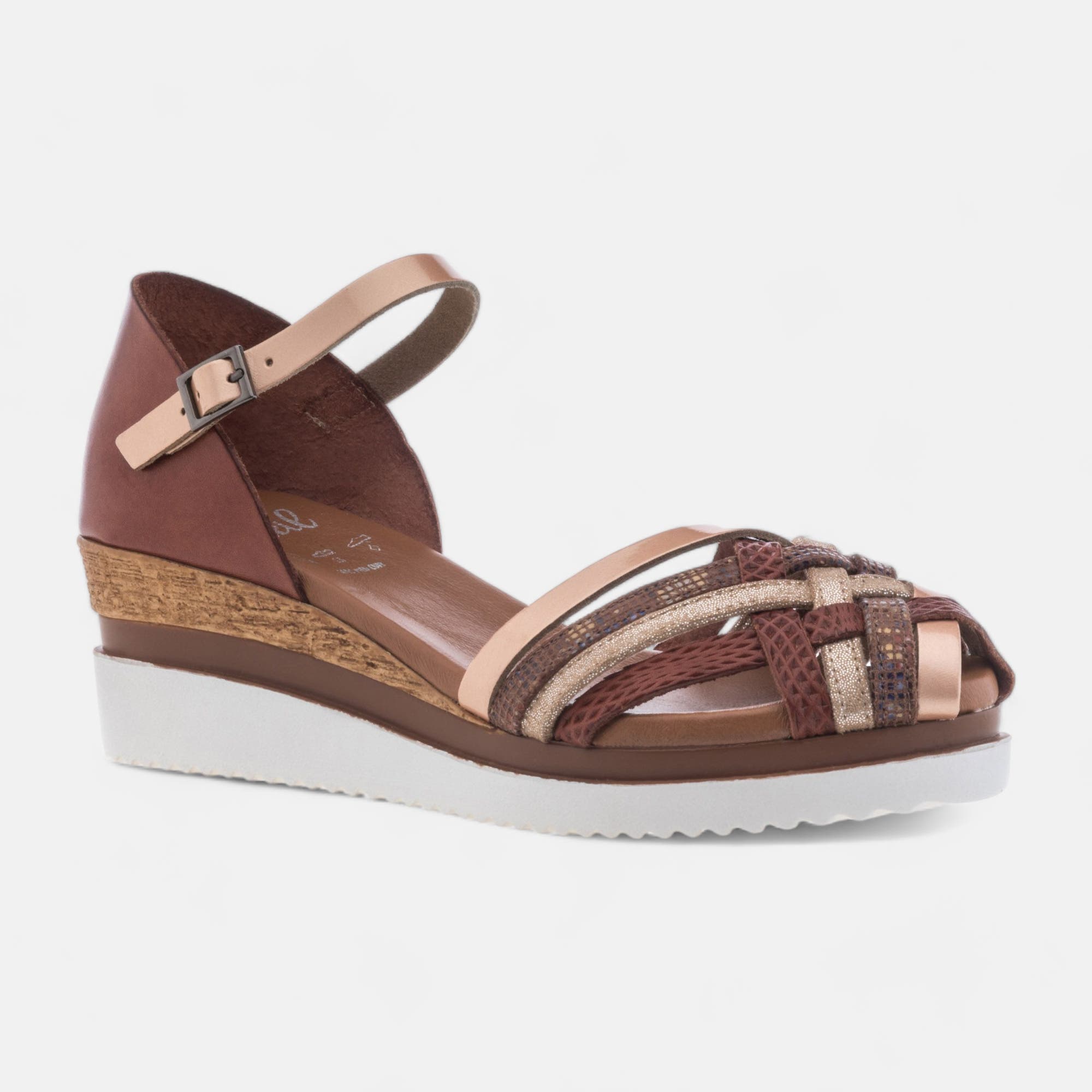 Sandales à talon compensé Femme en cuir cognac