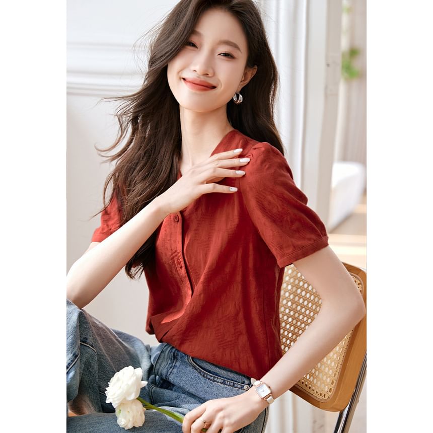 Jeonseon - Blouse met korte mouwen, V-hals en bloemenprint