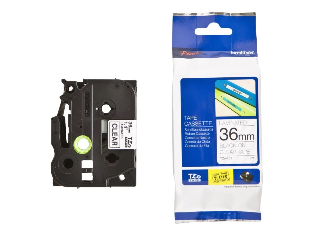 Brother TZe-161 labeltape - 36mm x 8m sort på klar