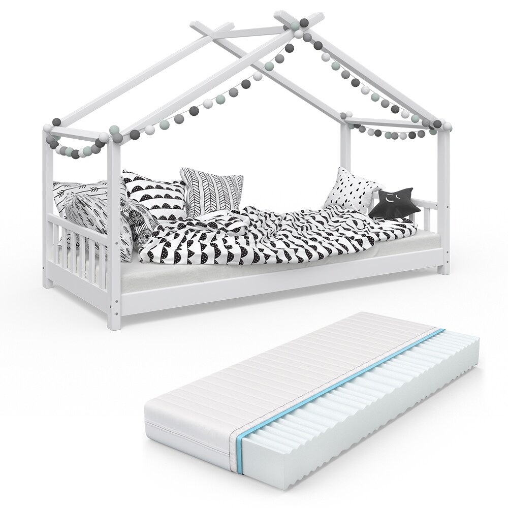 VitaliSpa Design Kinderbett Hausbett Weiß Kinderhaus Holzbett Matratze 90x200