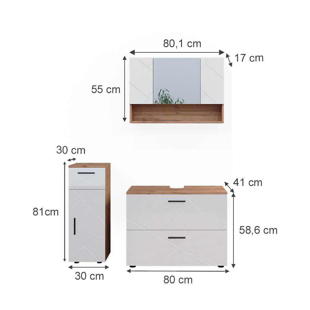 Vicco Badmöbelset Irma Eiche Weiß Hochglanz modern 80 cm 30 cm Badezimmerschrank Badschrank Badezimmermöbel Waschtischunterschrank Spiegelschrank Midischrank Schranktür Schrankfach Schrankschublade