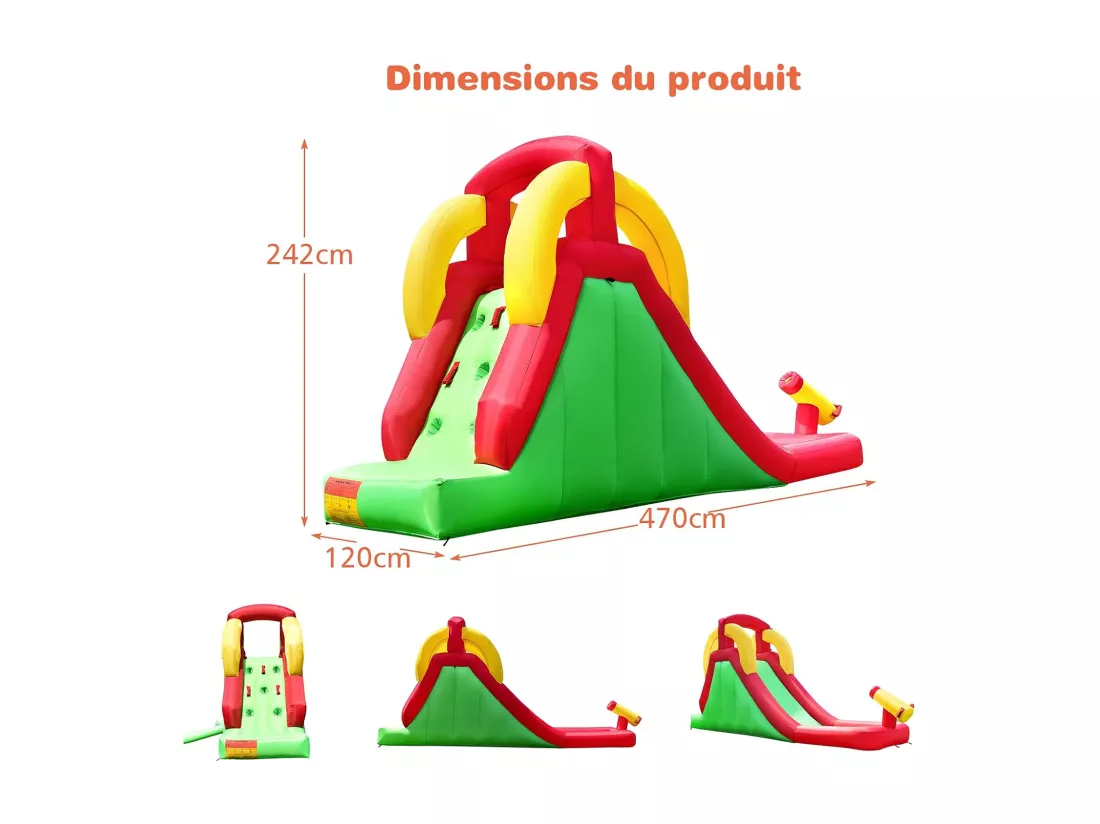 Château Gonflable avec Toboggan & Mur d’Escalade, Aire de Jeu Gonflable pour Enfants avec Toboggan Aquatique, Pataugeoire, et avec Souffleur 350W