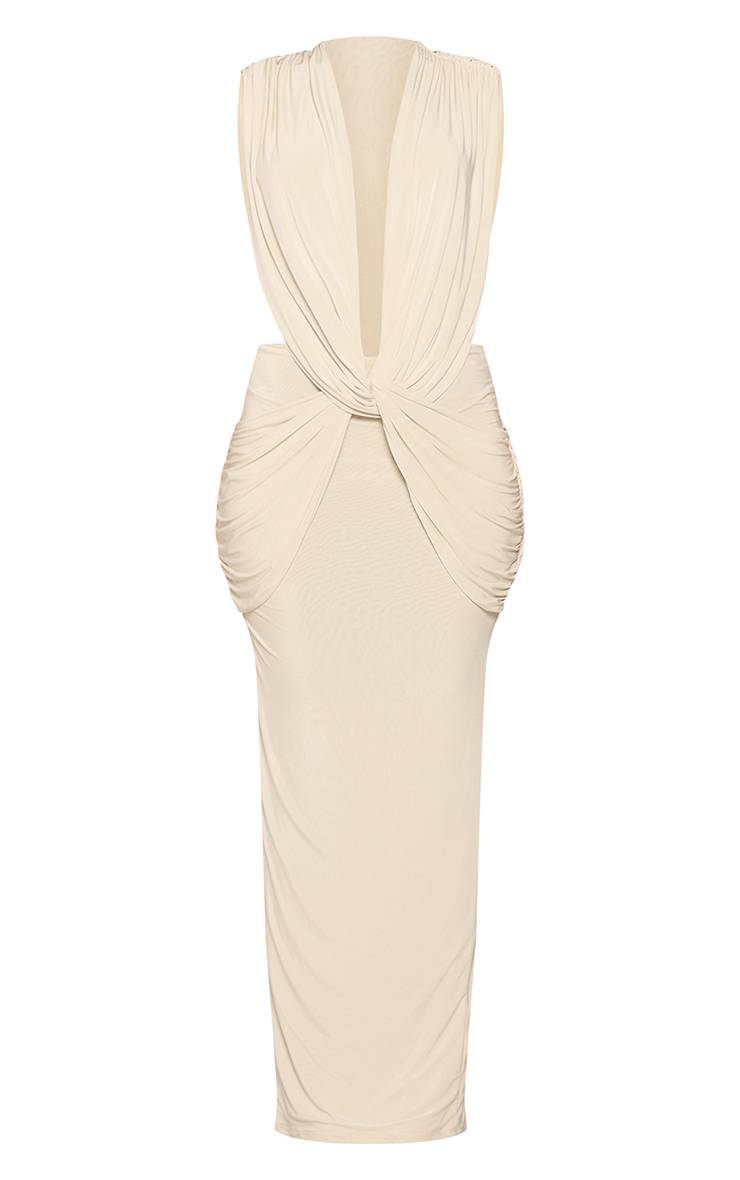 Crème Robe Maxi À Double Couche En Jersey Slinky Avec Décolleté Plongeant Et Détail Torsadé Devant