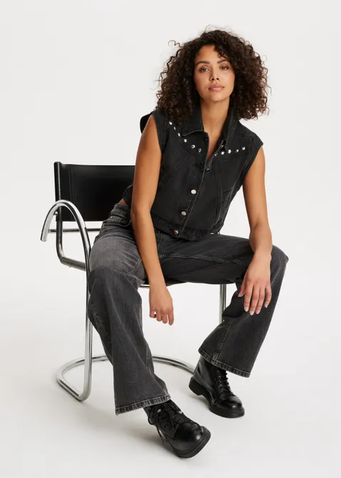 Denim gilet met studs zwart (ZWART)