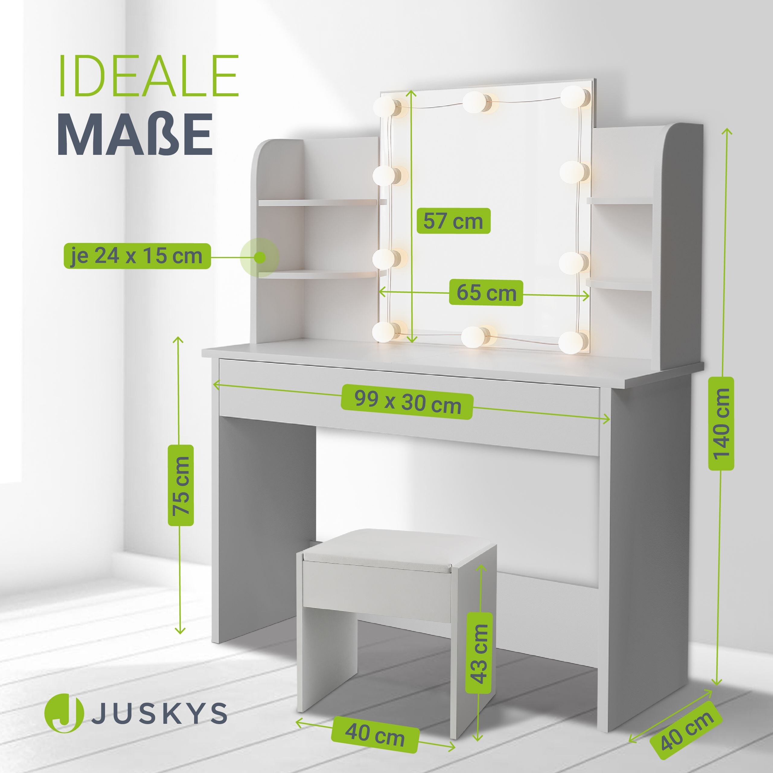 Juskys Schminktisch Bella mit LED & Hocker Melly - Spiegel, Schublade & Ablagefächer - Holz - Weiß