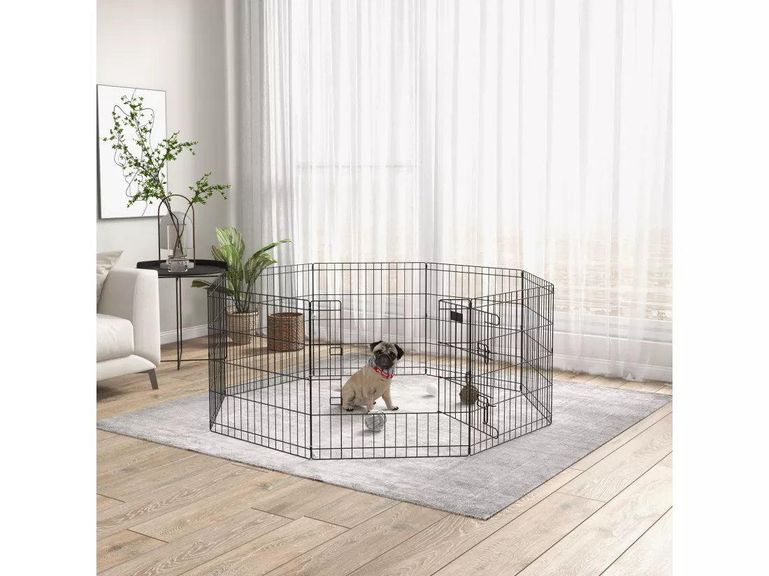 Parc enclos modulable pour chien animaux porte verrouillable 8 panneaux dim. panneau 61L x 61H cm métal noir