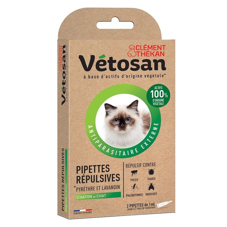 Anti-Puces Anti-Tiques Chat et Chaton 2 Pipettes Vétosan Clement-Thekan
