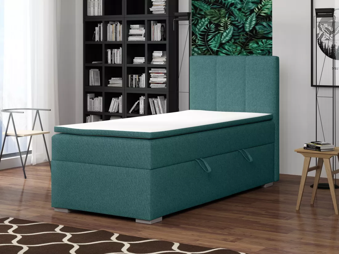 LIT SIMPLE avec tiroir de rangement et surmatelas, côté droit Monaco Mini 90x200 cm, Lux 30 (Bleu-vert)