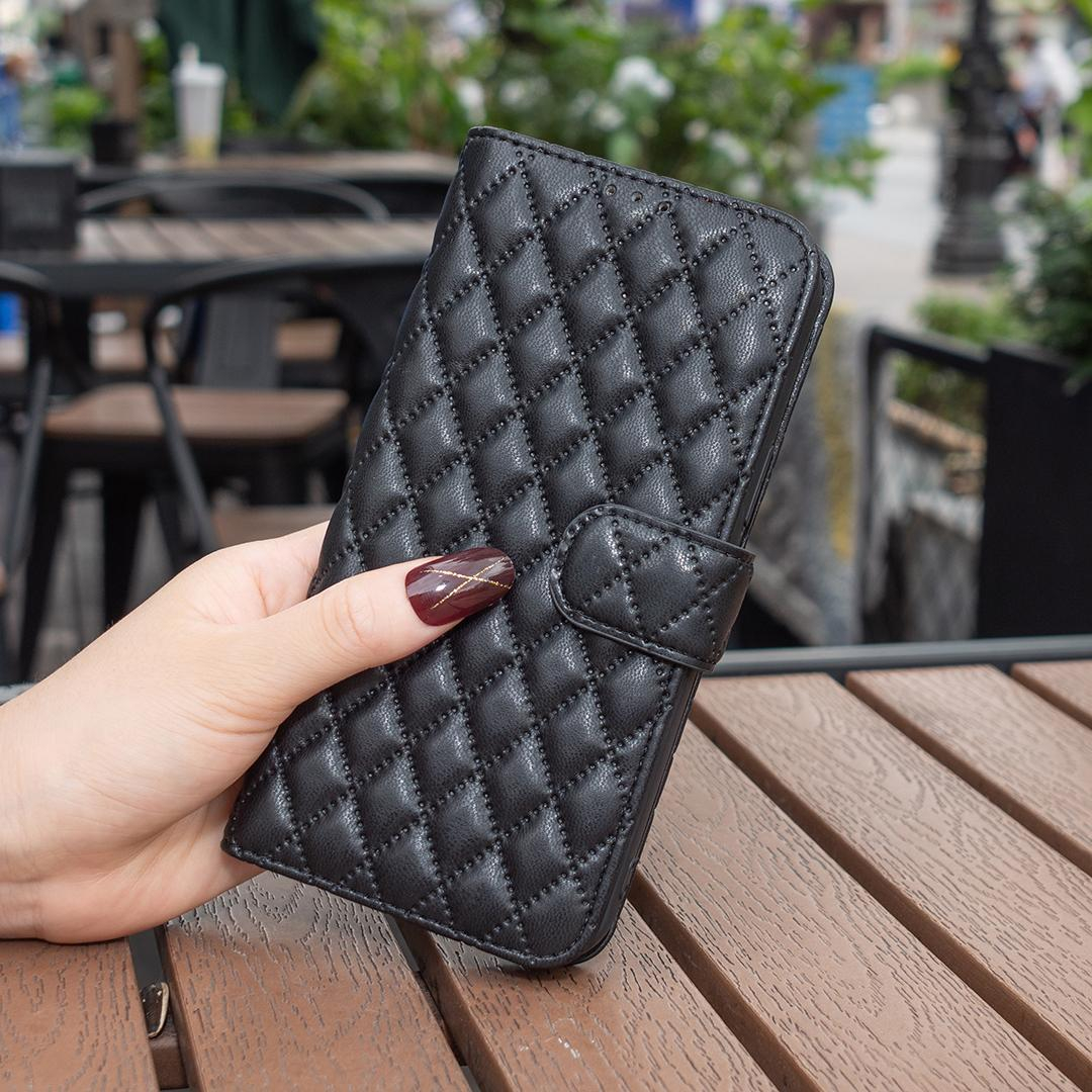 iPhone 14 Pro Leder Tasche Flip Cover Steppmuster - Schwarz