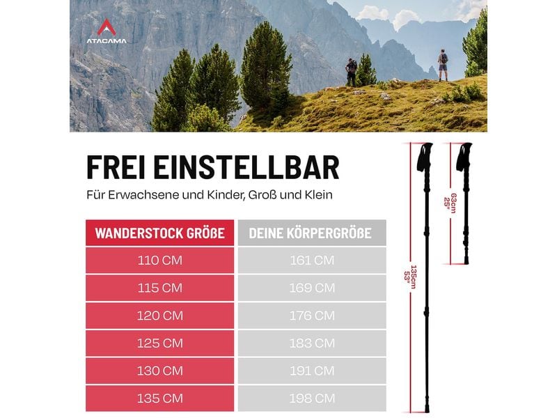 Atacama Teleskop Wanderstöcke 13-tlg. 110-135 cm Wanderhilfen aus Aluminium