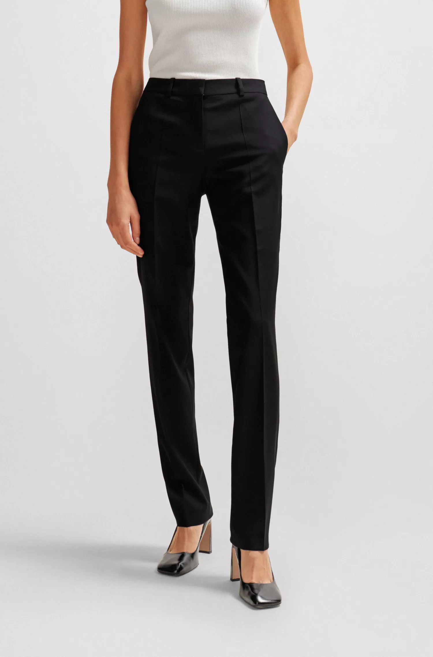 Calça BOSS preta de cintura alta e corte regular em lã virgem.