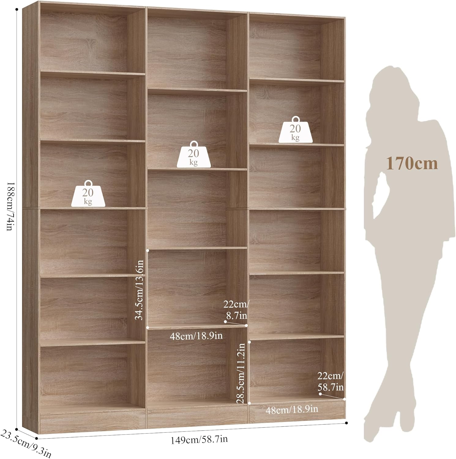 FirFurd Bücherregal 188 cm, Regal mit 17 Fächern, Bücherschrank, Standregal, Aufbewahrungsregal, für Wohnzimmer Büro Arbeitszimmer, 149 x 23,5 x 188 cm, Eiche