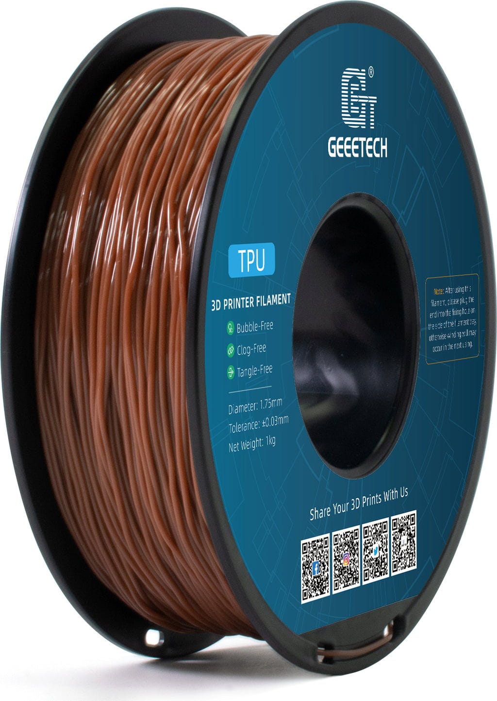 GEEETECH  TPU Brown, 1,75 mm / 1000 g    Weiches TPU-Material mit hoher Flexibilität & Belastbarkeit in Brown