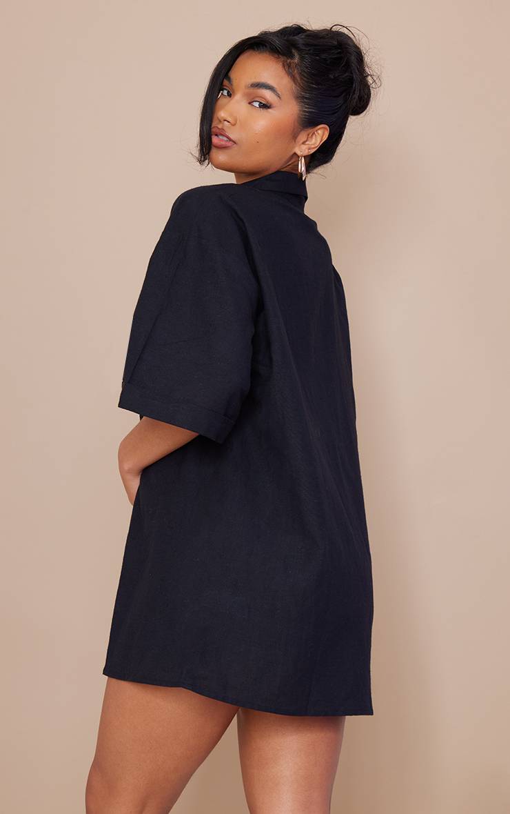 Noir Robe Blazer À Manches Courtes Croisée Surdimensionnée Aspect Lin