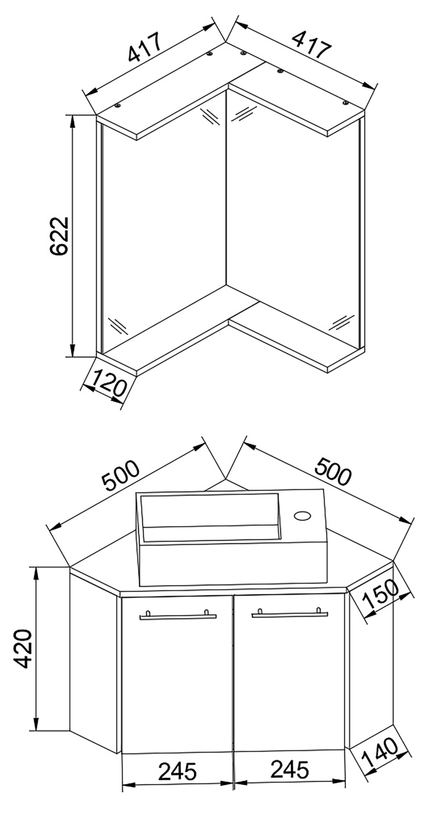 Eck-Waschtisch VILOSA - weiß - mit Spiegel - 50 cm