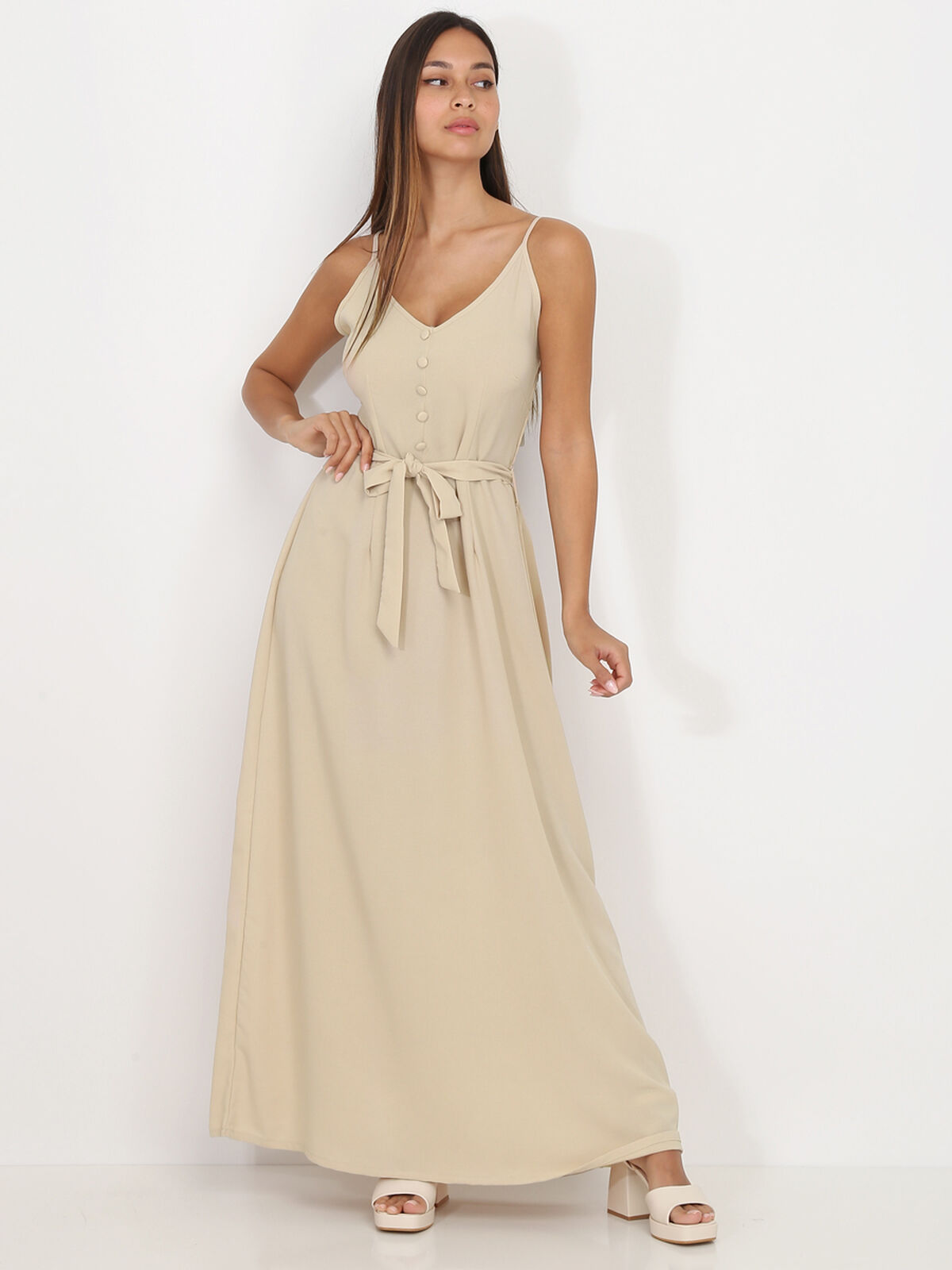 Robe longue à boutons et ceinture- Beige