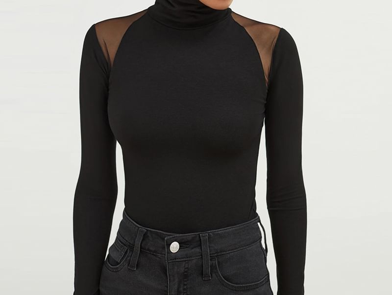 Sheparon - Bodytop met lange mouwen en coltrui, effen mesh-paneel