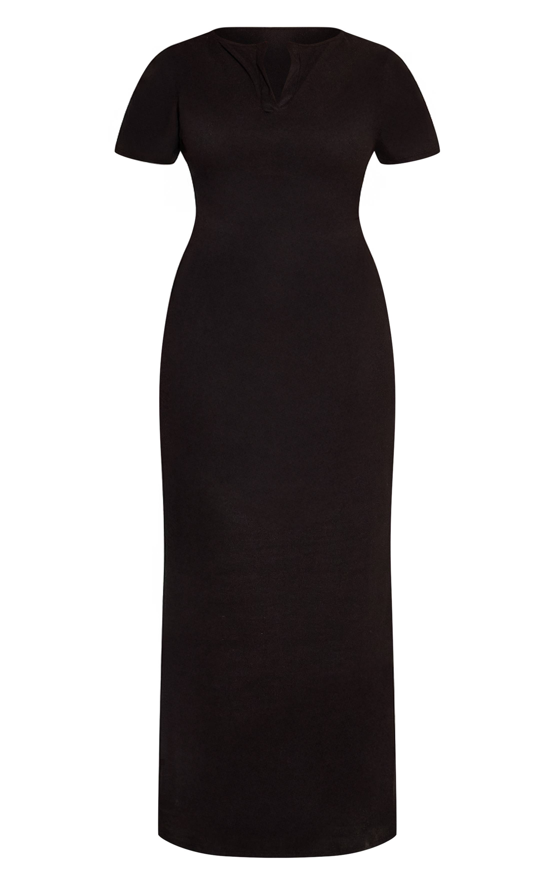 Noir Robe Maxi Côtelée Grande Taille Avec Détail Encolure Crantée