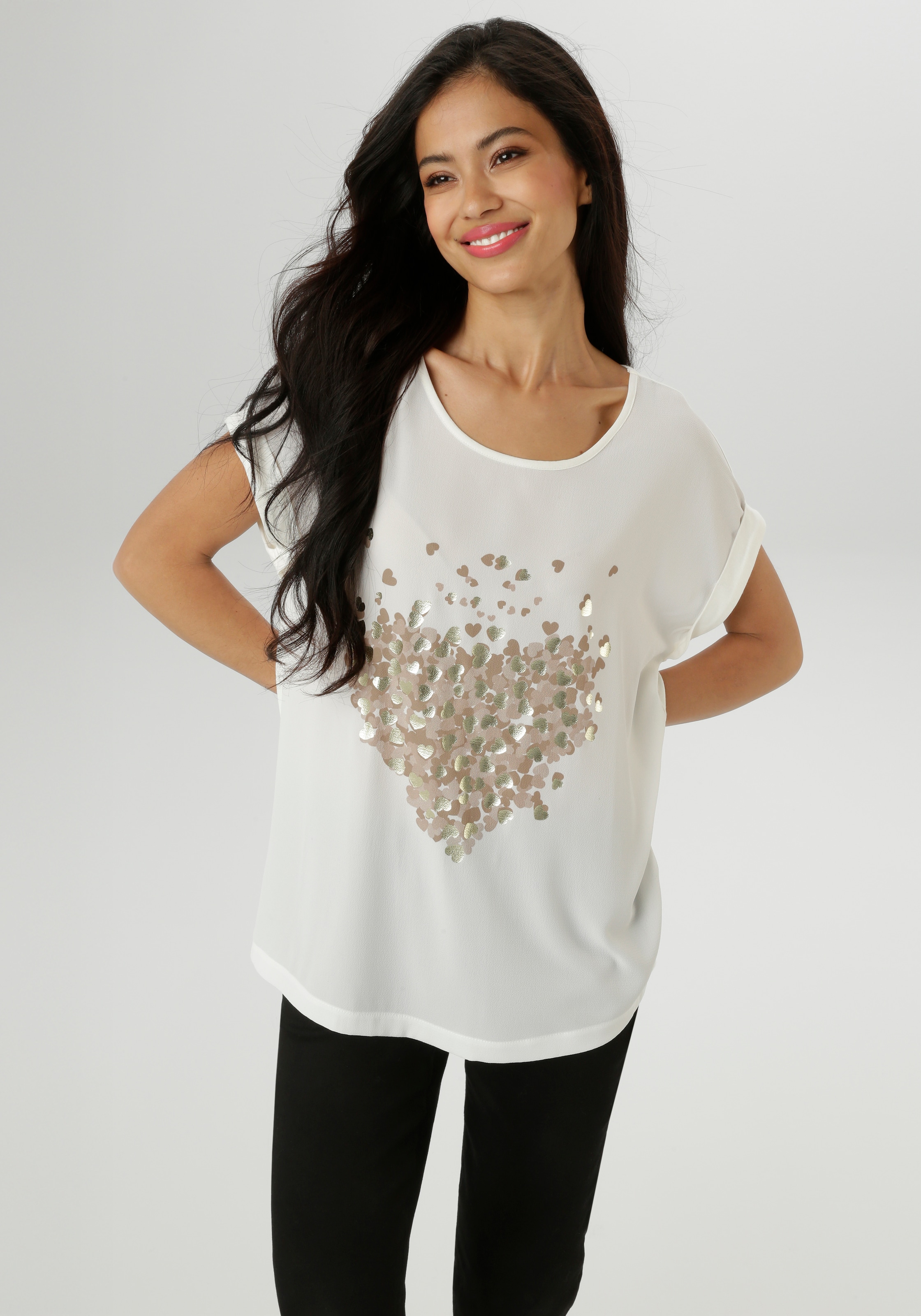 Aniston SELECTED Shirtbluse , mit glänzenden, goldfarbenen Herzen bedruckt - NEUE KOLLEKTION