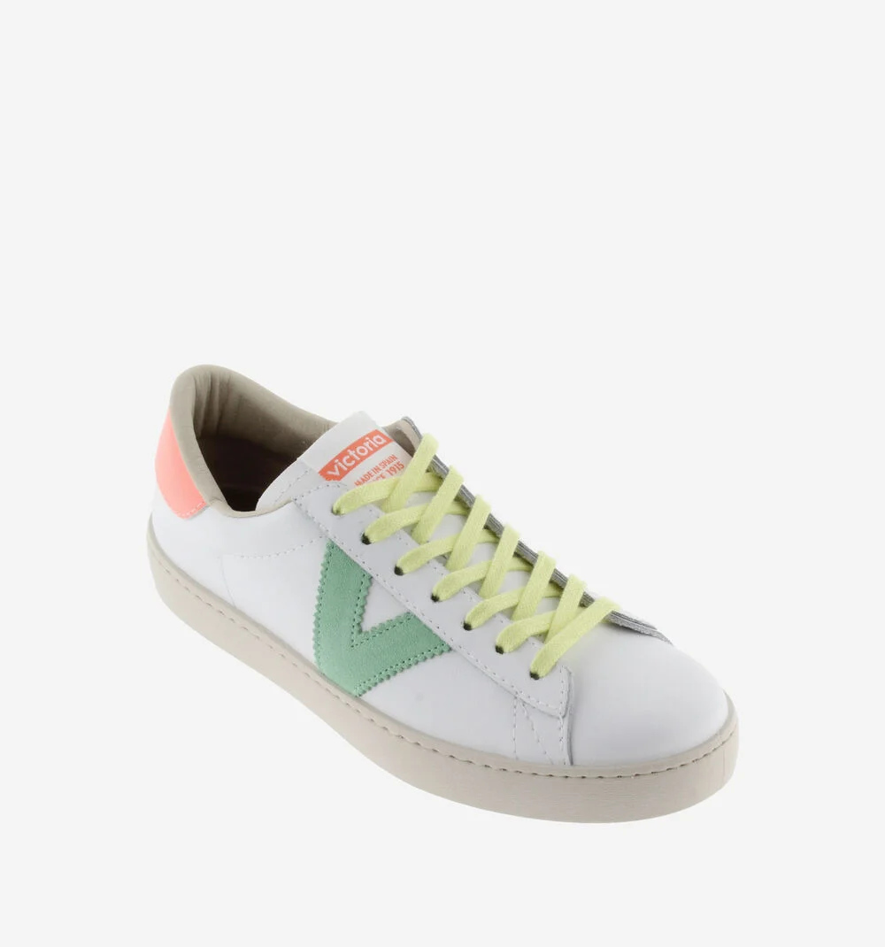 BERLÍN CUIR & NÉON Baskets blanches en cuir et détails fluo pour femme POMELO