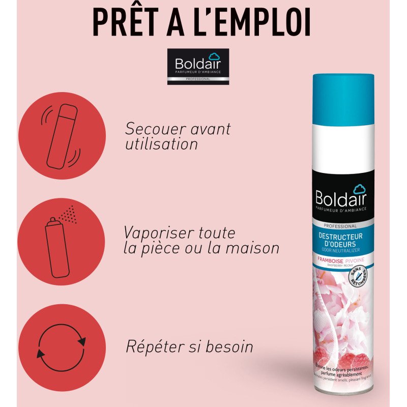 Désodorisant destructeur d'odeurs parfumant Boldair Framboise Pivoine - Aérosol 500 ml
