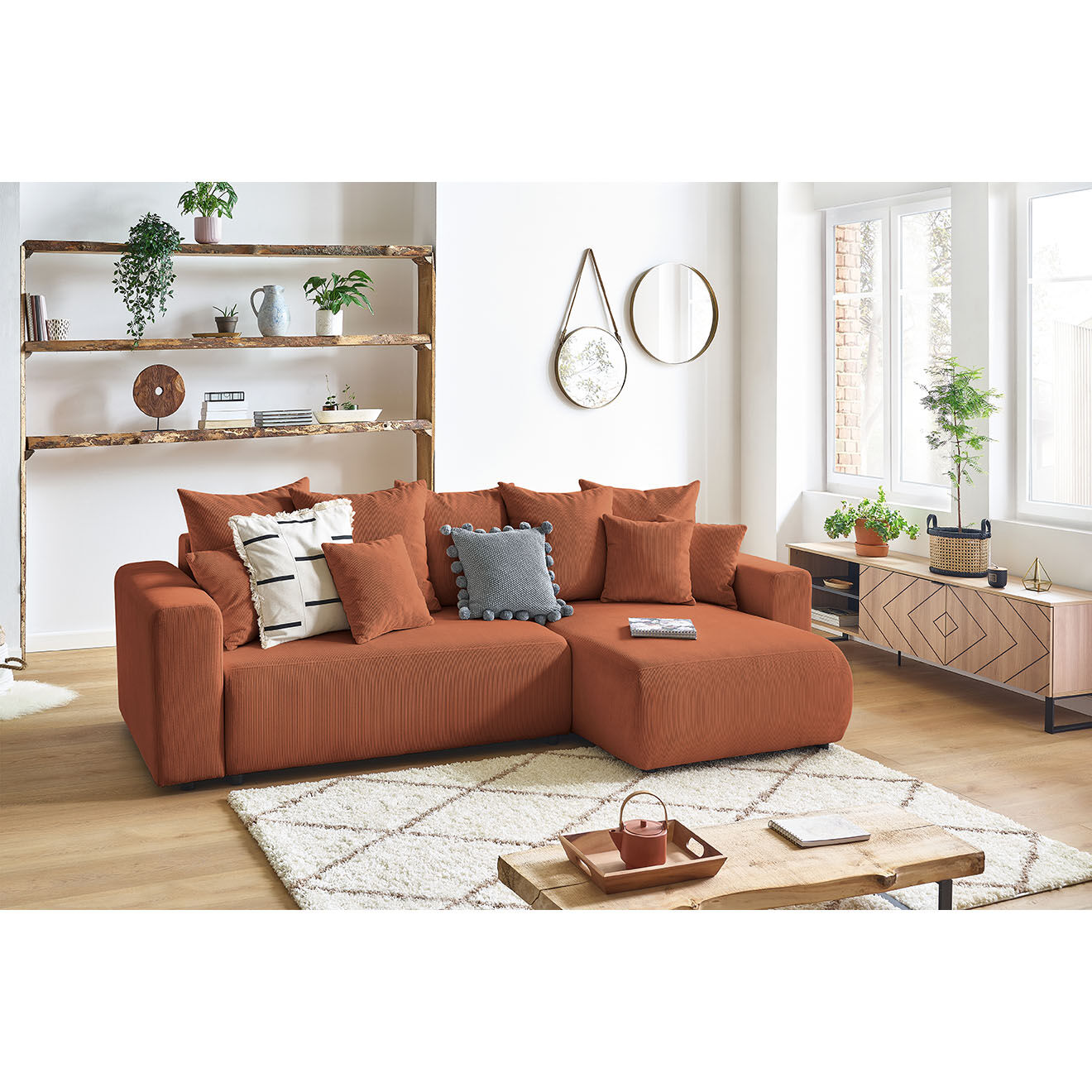 Bobochic Canapé d'angle convertible reversible velours côtelé Envy orange - 282x153x95 cm