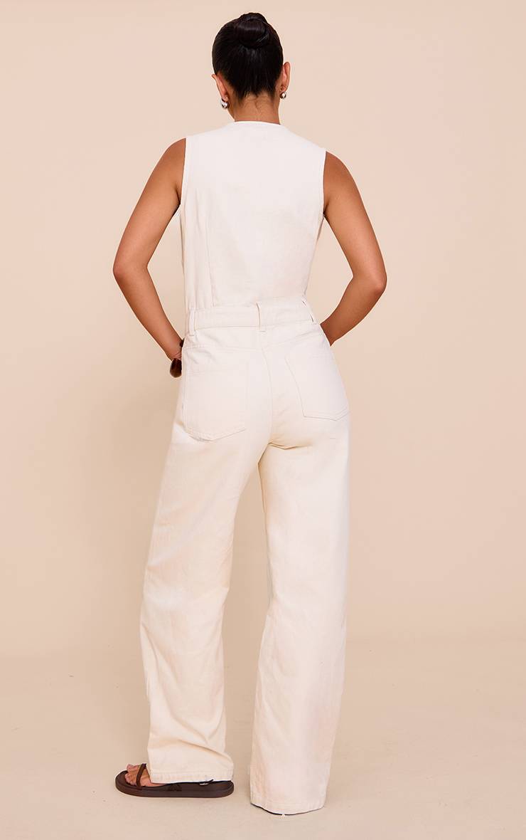 Ecru Combinaison En Denim Écru Style Chemise Sans Manches