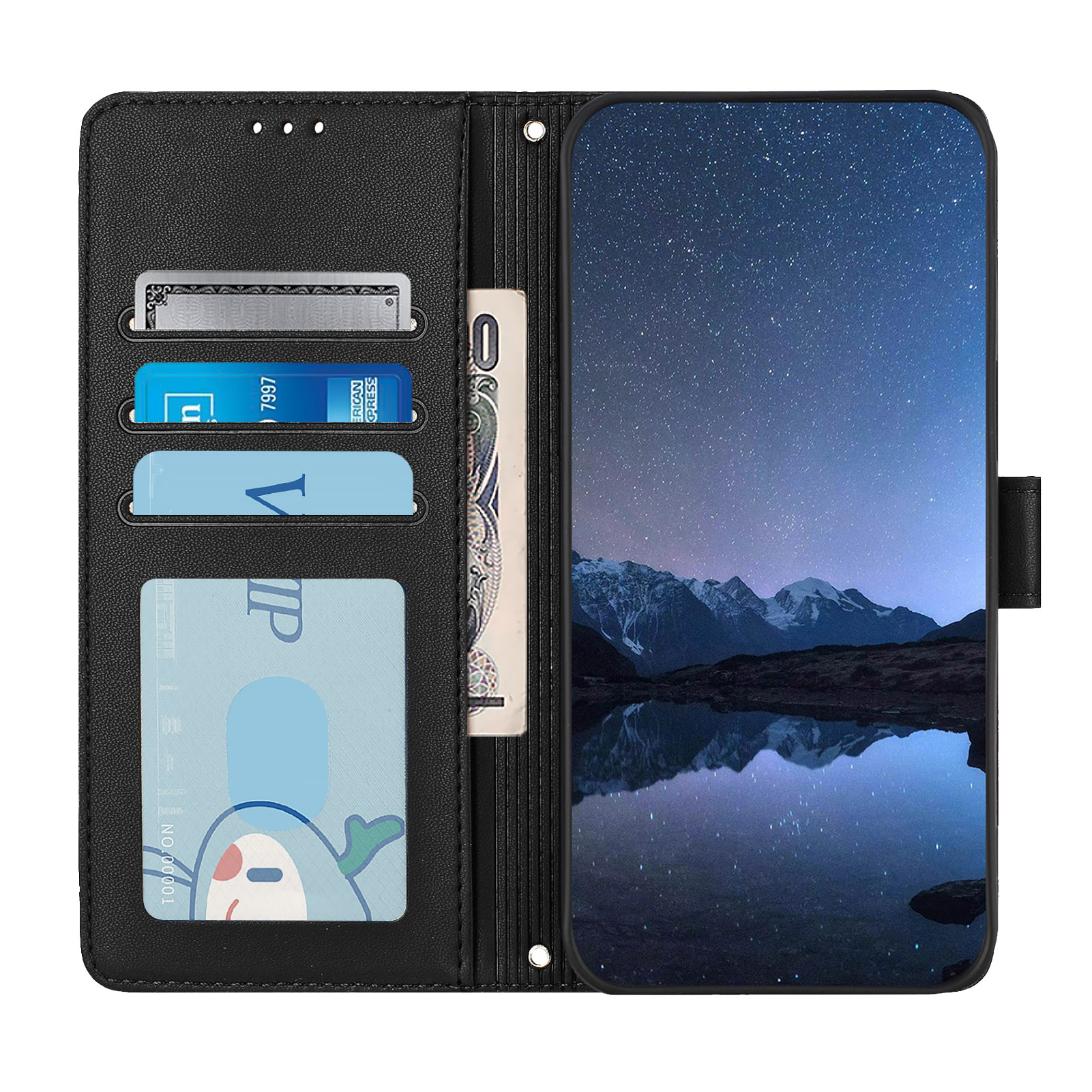 Samsung Galaxy S25 Ultra Leder Tasche Litchi Look mit Katzen Imprint (RFID Schutz) - Schwarz