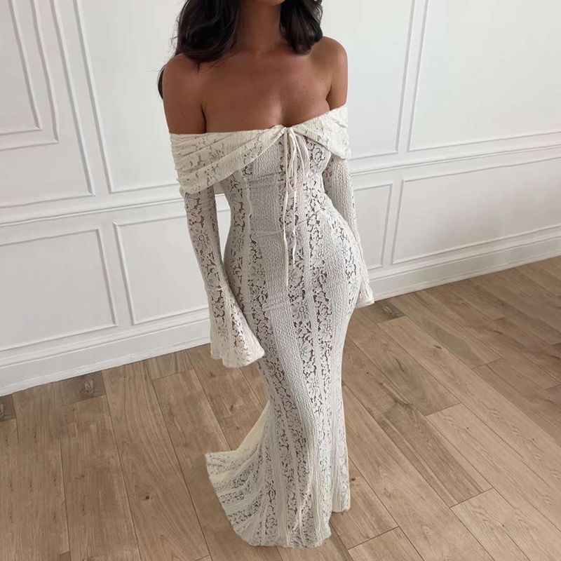 Emilyn - Lange mouw off-shoulder effen strik kanten maxi zeemeerminjurk