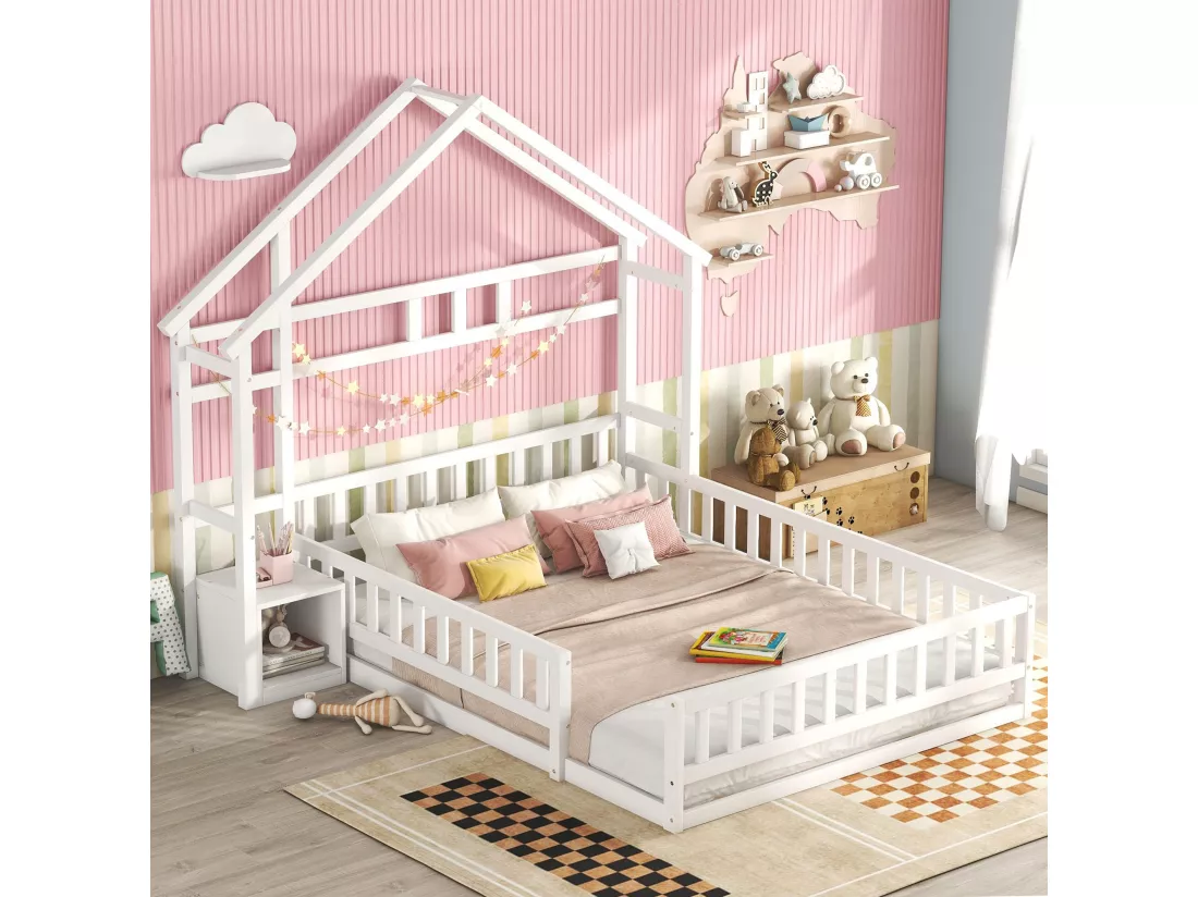 Lit d'enfant, 140 x 200 cm, lit plat, lit familial avec garde-corps, lit d'enfant avec tête de lit, blanc