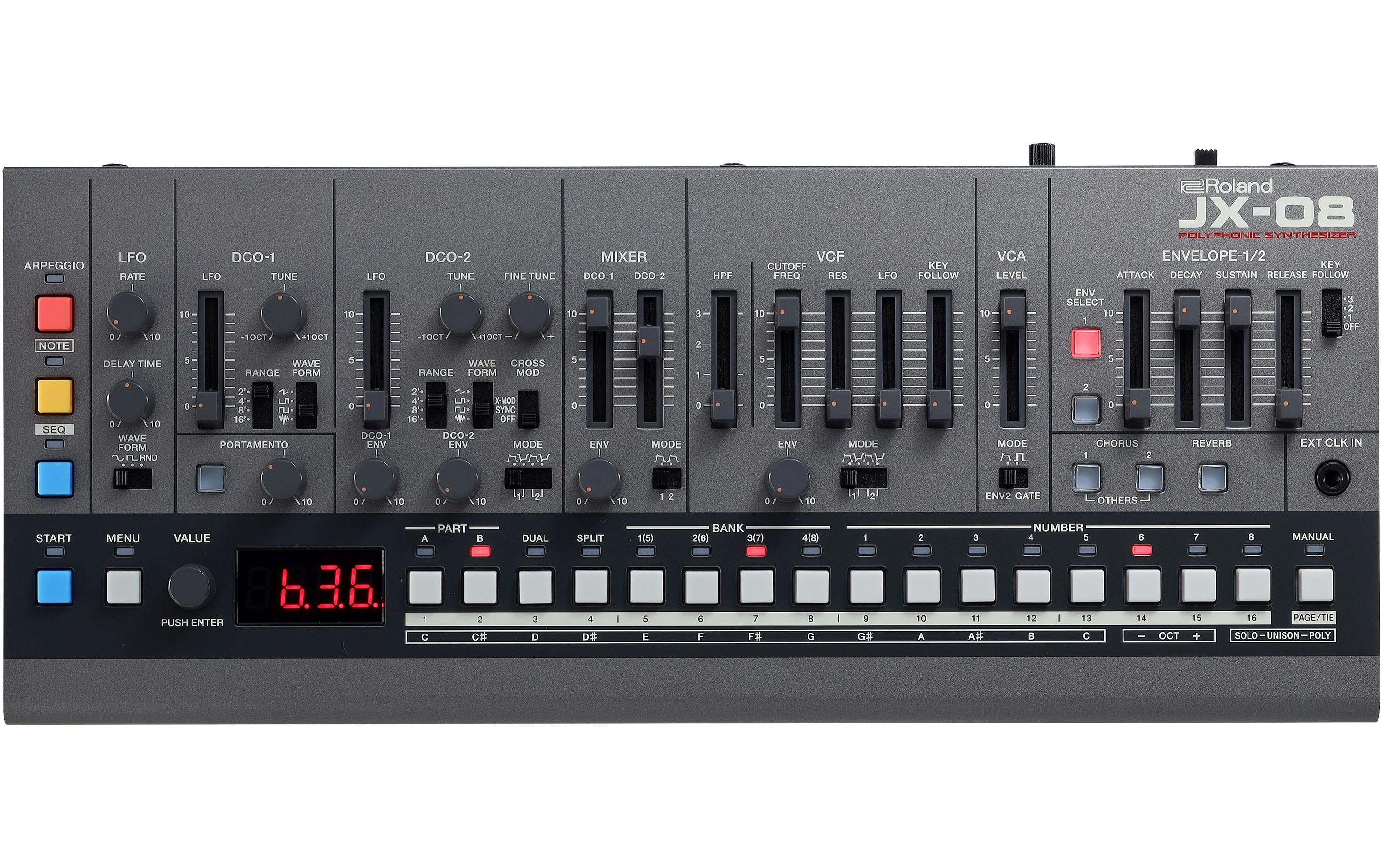 Synthesizer JX-08<br>Authentischer JX-8P Sound mit originalem Spiel- und Klangerzeugungsverhalten