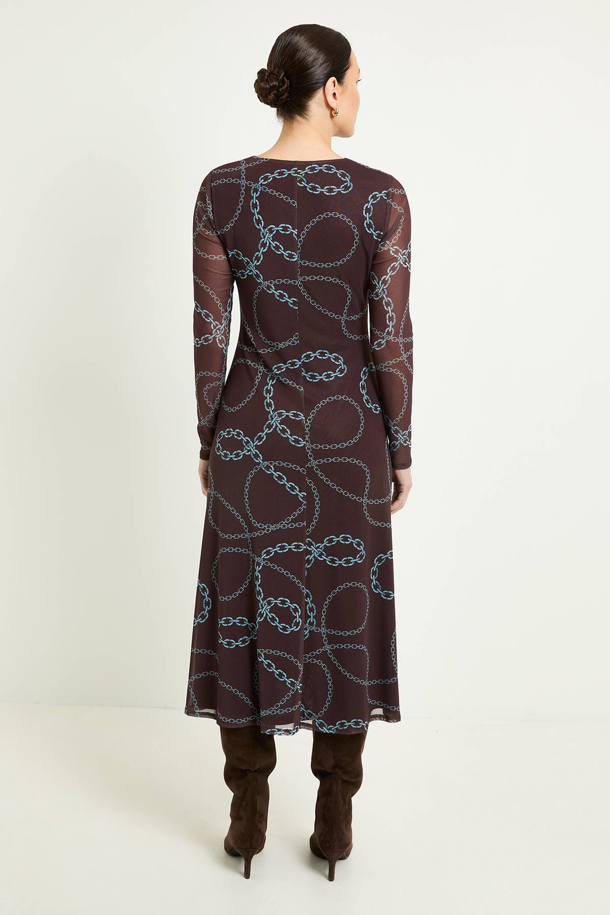 Wallis Robe Midi En Mesh À Imprimé Chaîne Avec Fronces Sur Le Devant