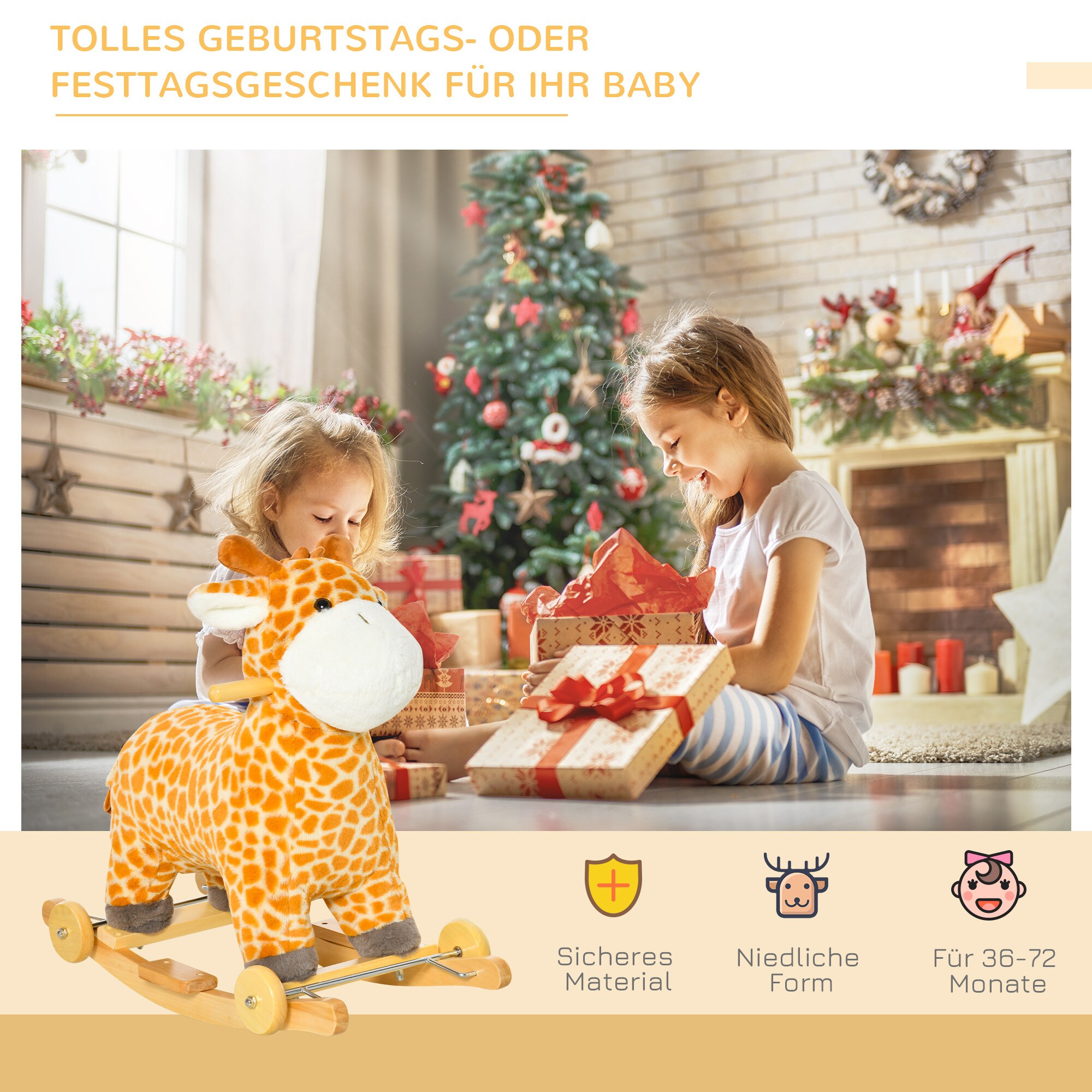 HOMCOM Schaukeltier Spielzeug, Triceratops, Giraffe Gelb 63 x 38 x 63 cm (LxBxH)
