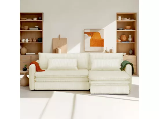 Canapé d'angle convertible réversible 3 places en velours côtelé beige - Baya