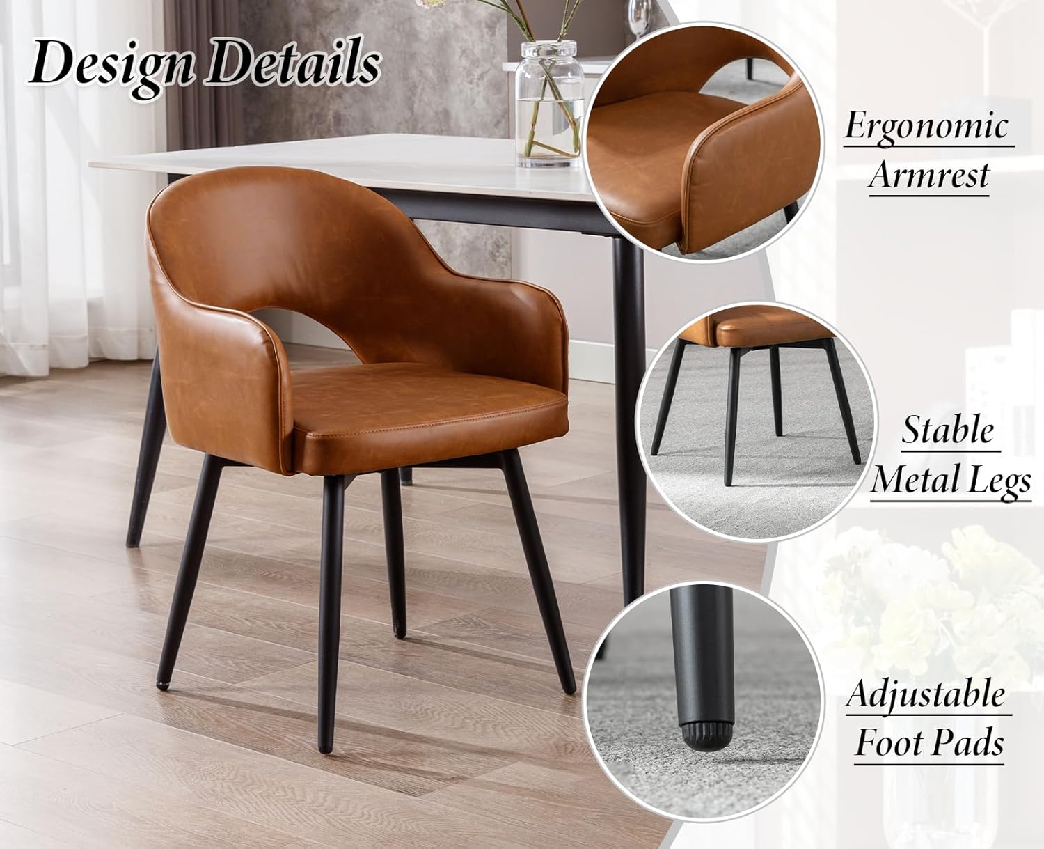 Esszimmerstühle 2er Set, Drehbare Küchenstühle mit  Armlehne PU-Kunstleder Polsterstuhl Metallbeine für Esszimmer/Restaurant/Wohnzimmer, Braun