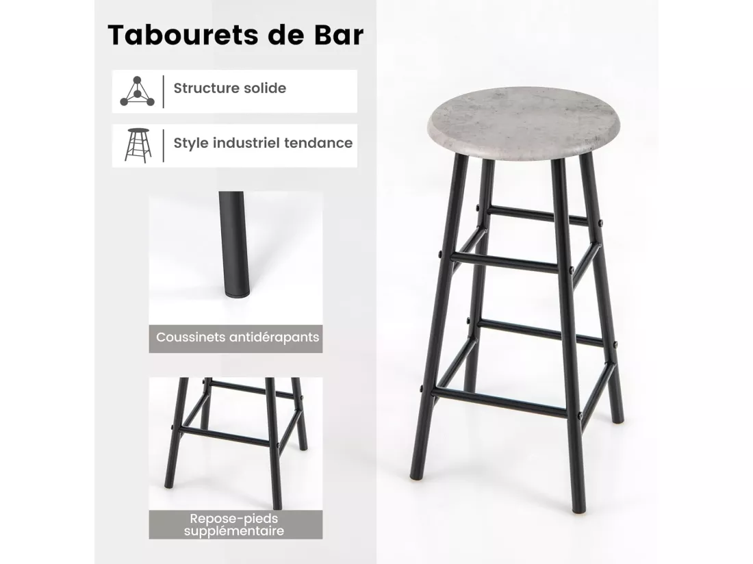 Table Haute Cuisine avec Tabouret, avec Porte-Verre Porte-Bouteilles, Table Bar avec Tabouret 2 Personnes Compact, Gris