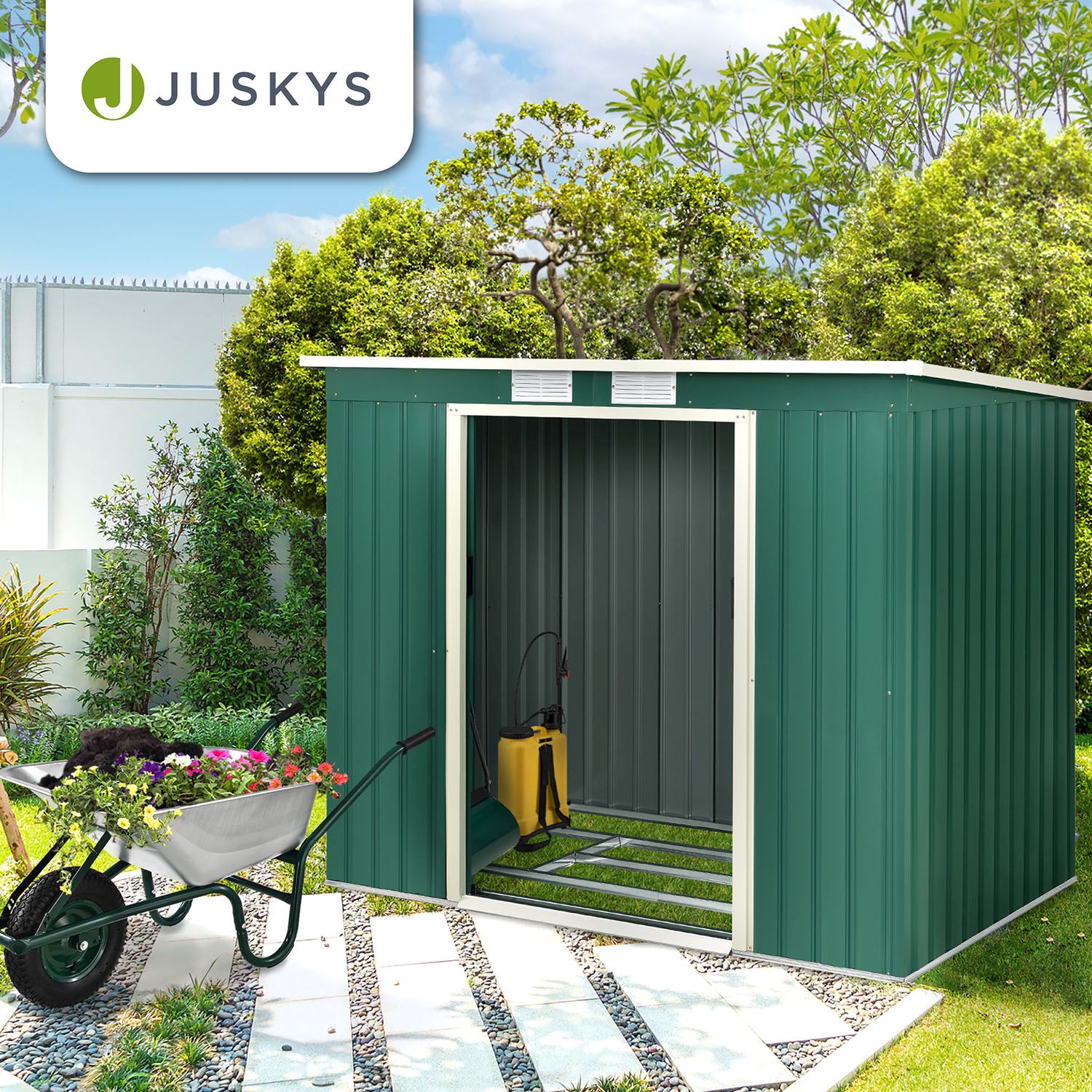 Juskys Metall Gerätehaus Geräteschuppen M mit Pultdach, Schiebetür & Fundament 4m³ grün