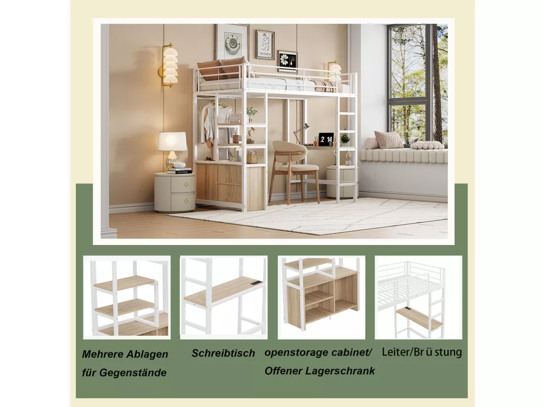 Lit mezzanine 90 x 200 cm avec bureau, prises USB, placard de rangement ouvert - Métal + MDF - Blanc (sans matelas)